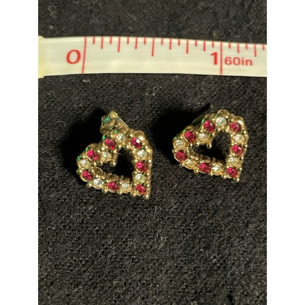 Vintage Avon Red &‎ Clear Rhinestone Heart Earrings Gold Tone